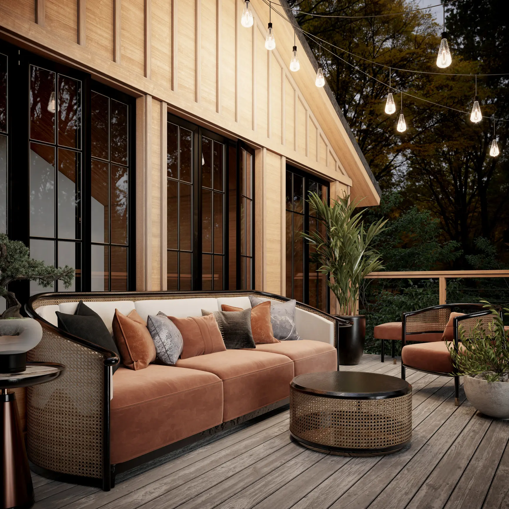 Balcony terrace in a wooden house with upholstered furniture and beautiful green surroundings. A patio with furniture and lights on the roof.