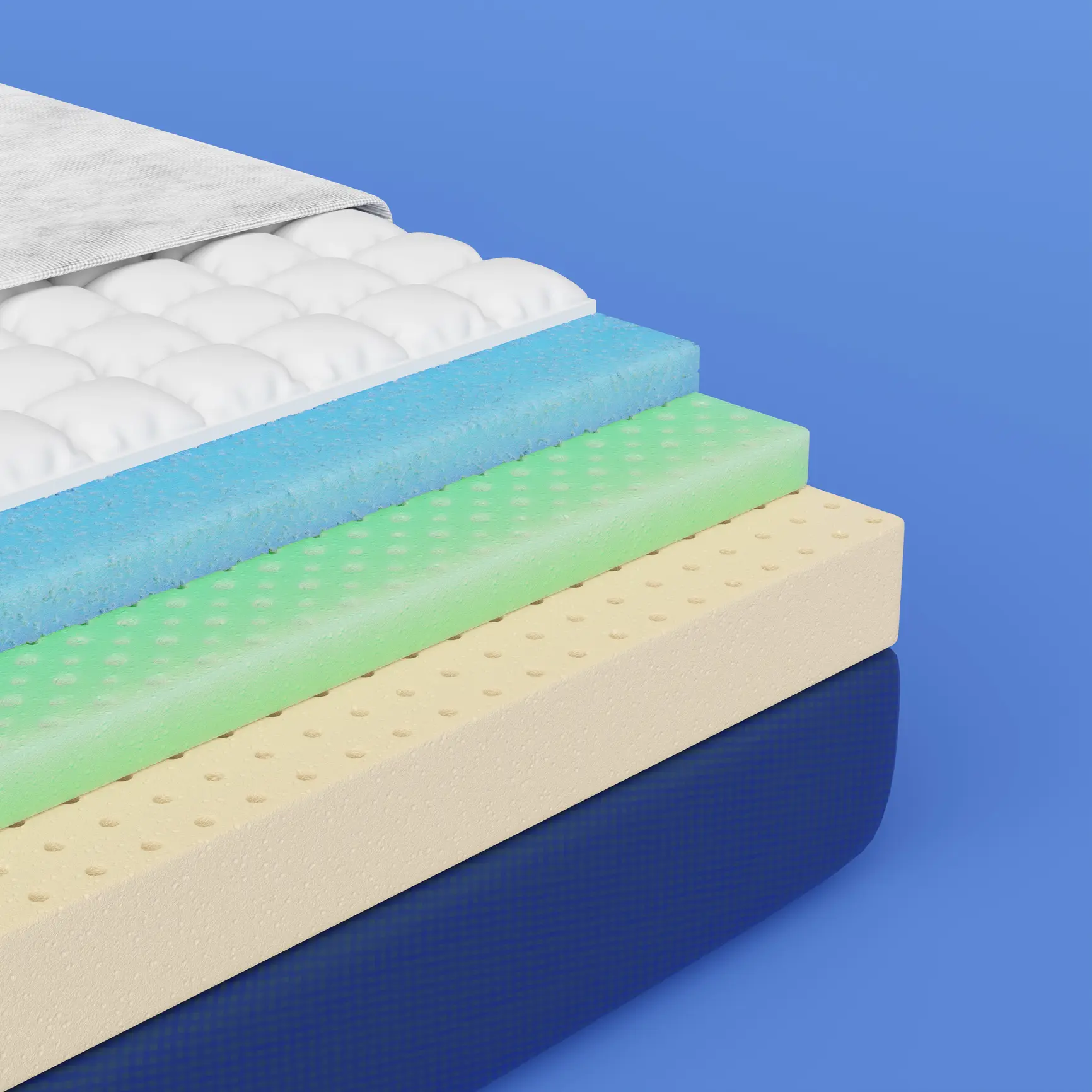 Closeup of Breathable mattress inside 5 layers isolated on blue. Fitted mattress protector, Cotton fabric, Memory foam, nature para latex rubber. Comfortable bed advertisement. 3d render clipping path A close up of different types of mattresses