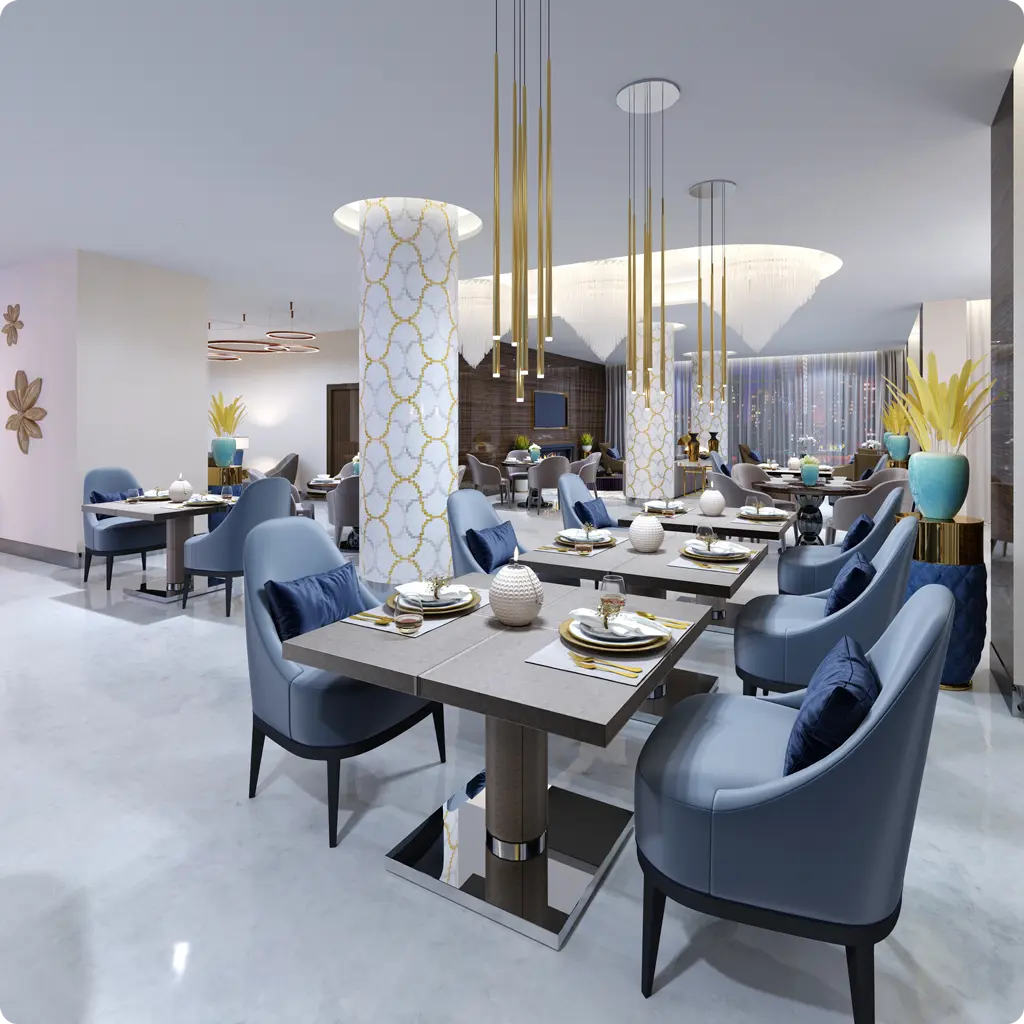 1087231316 A restaurant with blue chairs and tables in it